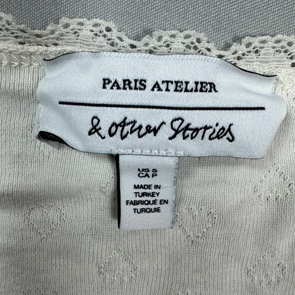 & Other Stories Paris Atelier White Heart Lace Trim Scoop Neck Top S Romantic